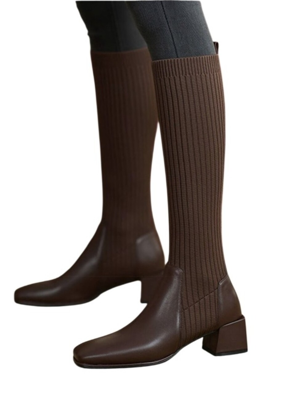 #B501 Knee-High Ribbed Sock Boots in Dark Brown - Picture 2 of 7